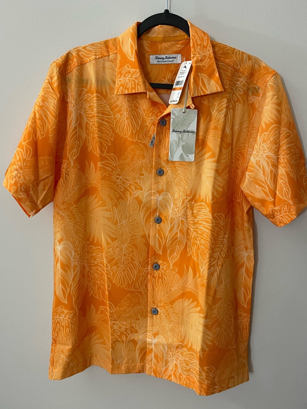 Tommy Bahama Small Orange Luminescent Leaf-Print Short Sleeve Button Down Shirt